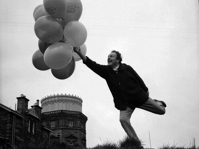 British actor Terry-Thomas releases balloons on Blackford Hill in aid of the Scottish National Institute of War Blinded in April 1960.
