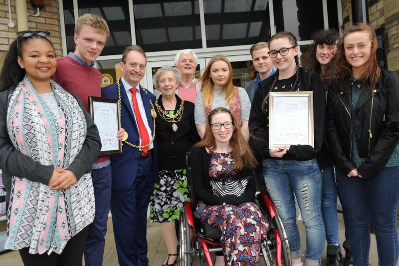 Poetry competition winners Harry McNamara and Morgan Place receive their prizes from Tom Kelly, the Mayor Coun Alan Smith and Mayoress Coun Moira Smith 5 years ago.