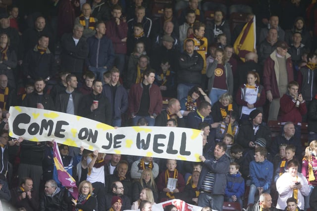 Fans show their support during the Scottish Premiership play-off final second leg between Motherwell and Rangers at Fir Park on May 31, 2015. (Photo by Jeff Holmes/Getty Images)