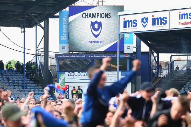The  big screen declaring Pompey as champions.