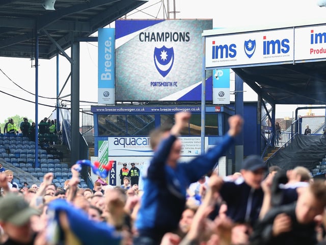 The big screen declaring Pompey as champions.