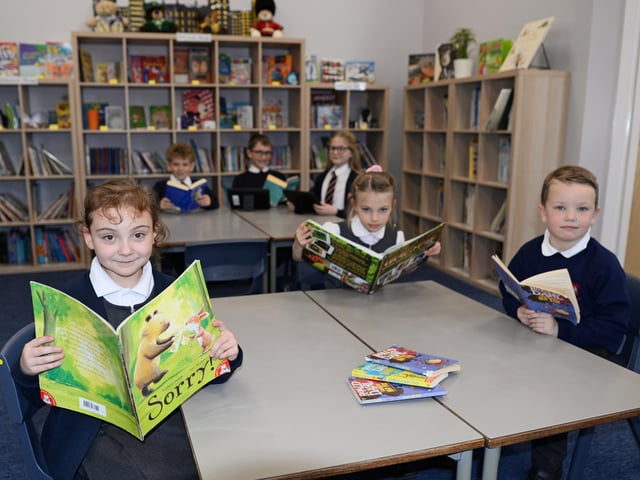 Pupils at St Alban's Catholic Primary School, pictured in the new Interactive Library. Picture: NDFP-09-11-21-StAlbans 1-NMSY