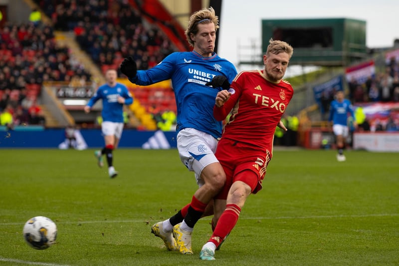 Aberdeen's Richard Jensen tackles Rangers' Todd Cantwell during the 1-1 draw at Pittodrie.