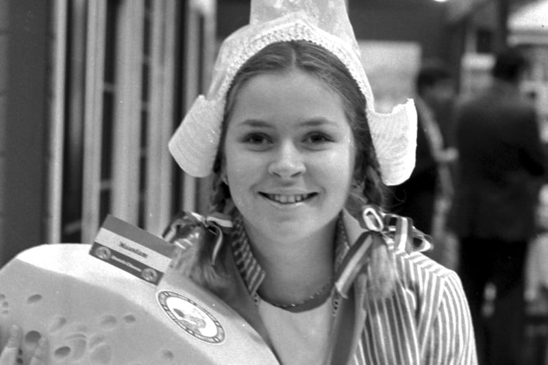 Thea van Breuk dressed in Dutch national costume to promote Maasdam cheese from Holland at the Ingliston Food Fair in March 1984.