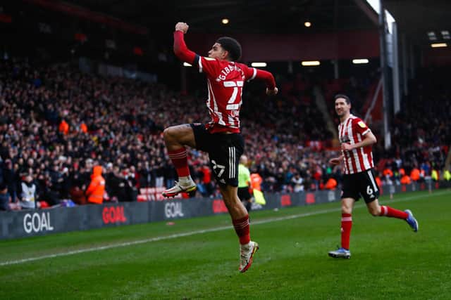 Sheffield United's Morgan Gibbs-White celebrates after netting his second of the match against Swansea City: Will Matthews/PA Wire.