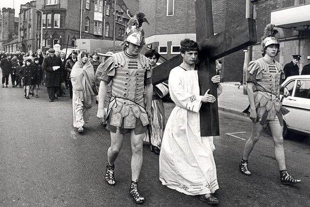 The "Stations of the Cross" annual inter-denominational Procession of Witness, pictured on Norfolk Street, Sheffield  Friday April 9, 1971