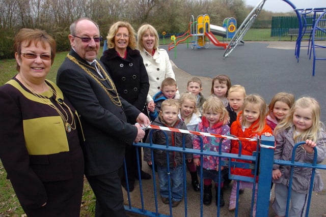 Doncaster's Civic Mayor Ken Knight opened the Hatfield Water Park's new play area in 2011, with help from children attending Small World Day Nursery. L-R are Mayoress Pat Knight, Mayor Ken Knight, Deborah Scott, deputy manager of Small World Day Nursery, nursery nurse Linda Dyas. Children are L-R Bruce Warrinder, Joel Robertson, Lola Clift, Nathan Bailey, Emily Wilson, Grace Seeds, Harry Ellis, Riley Van Vuuren, Amelia Headley-Cox, and Ruby Waddington, all three