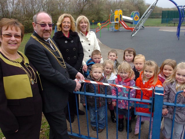 Doncaster's Civic Mayor Ken Knight opened the Hatfield Water Park's new play area in 2011, with help from children attending Small World Day Nursery. L-R are Mayoress Pat Knight, Mayor Ken Knight, Deborah Scott, deputy manager of Small World Day Nursery, nursery nurse Linda Dyas. Children are L-R Bruce Warrinder, Joel Robertson, Lola Clift, Nathan Bailey, Emily Wilson, Grace Seeds, Harry Ellis, Riley Van Vuuren, Amelia Headley-Cox, and Ruby Waddington, all three