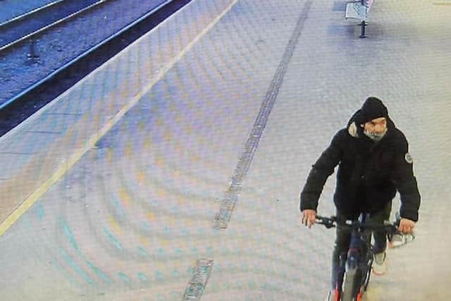 CCTV image released after theft of £2,500 bike in Sheffield railway station. Picture by BTP.