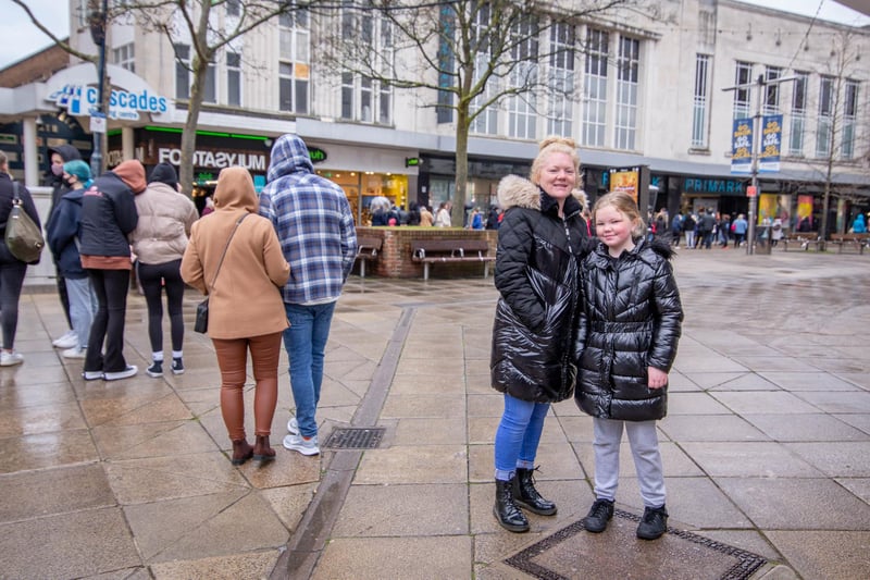 Claire Young and Daisy Campbell, 10, queuing to shop at Primark, Commercial Road, Portsmouth on 12 April 2021. Picture: Habibur Rahman
