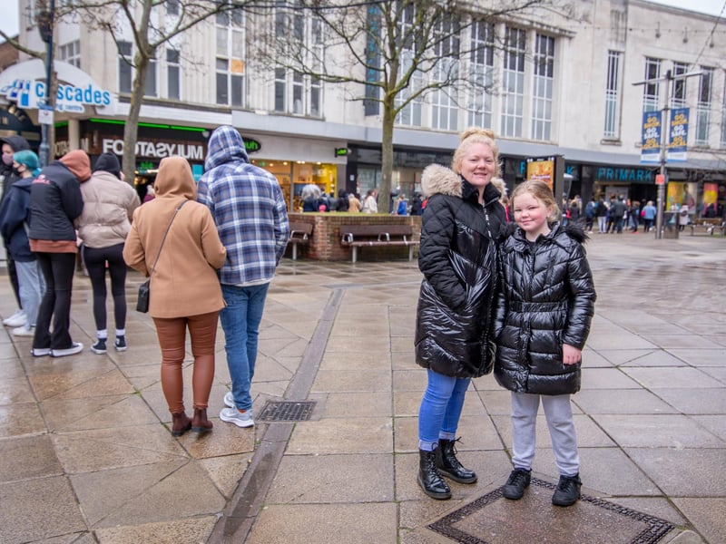 Claire Young and Daisy Campbell, 10, queuing to shop at Primark, Commercial Road, Portsmouth on 12 April 2021. Picture: Habibur Rahman