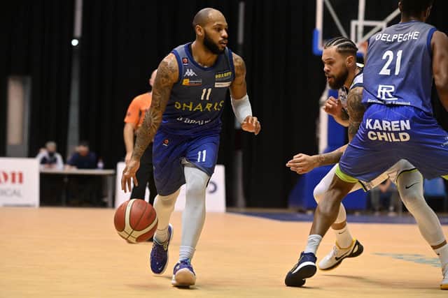Rodney Glasgow Jr in action for the Sheffield Sharks against Cheshire Phoenix at Ponds Forge. Photo: Bruce Rollinson.