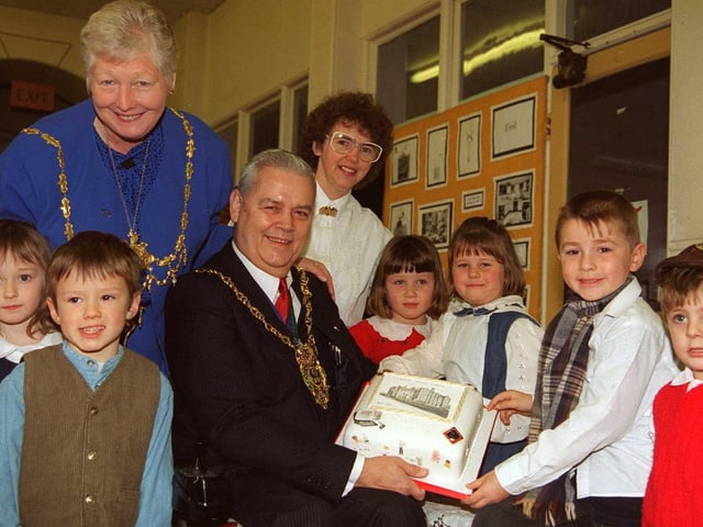 The Lord Mayor of Sheffield, Councillor Tony Arber, and the Lady Mayoress, Rosemary Arber, join headteacher Jenny Earl to celebrate the Lydgate School's 90th birthday with some of the pupils in 1997