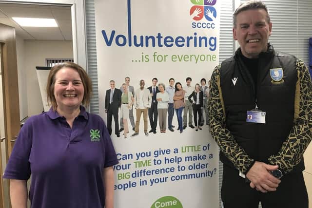 Lynn Smith, volunteer recruitment officer at Sheffield Churches’ Council for Community Care (SCCCC), and Robert Ward, of Sheffield Wednesday Football Club Community Programme (SWFCCP), who have teamed up to help tackle loneliness among older people in the city