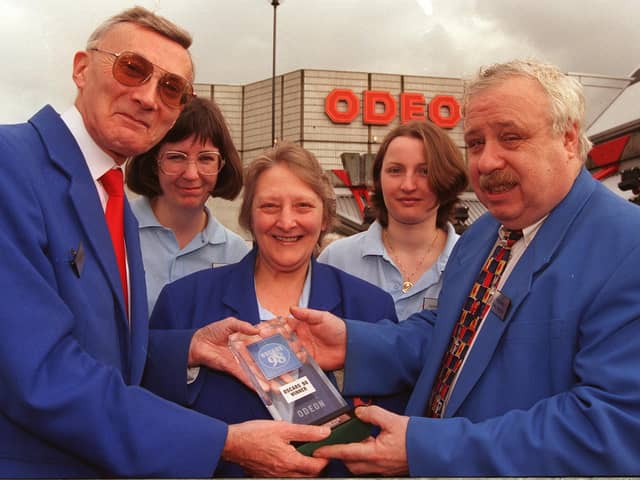 Staff at the Odeon on Arundel Gate, Sheffield with a customer services 'Oscar' in 1999