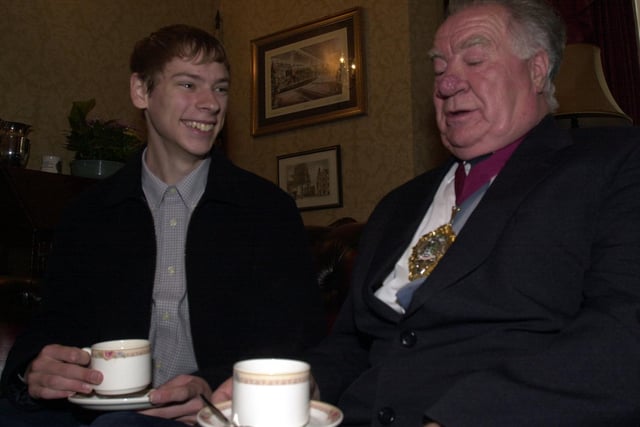 James Wickens enjoys a cup of tea and a joke with mayor of Doncaster after passing six A-levels despite being brought up in Foster Homes, pictured back in 2002