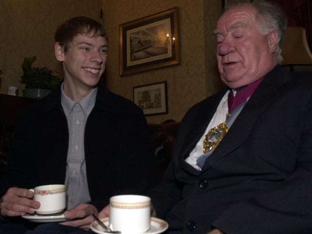 James Wickens enjoys a cup of tea and a joke with mayor of Doncaster after passing six A-levels despite being brought up in Foster Homes, pictured back in 2002