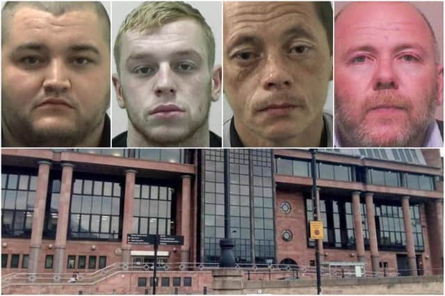 Just some of the criminals from the Sunderland area, top, who have been recently jailed at Newcastle Crown Court, below, for offences.