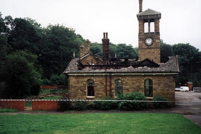 The Firth Park clock tower pictured showing the damage caused after an arson attack in 1996