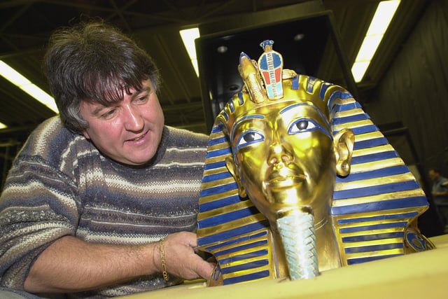 Francis Barria with The Golden Mask of Tutankhamum. The exhibition opened in 2001 at the Dome to raise money for the St John's Hospice, in Balby.
.