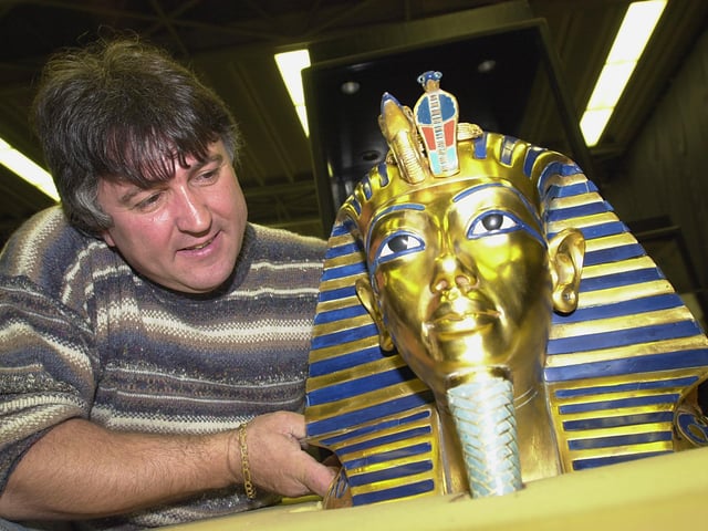 Francis Barria with The Golden Mask of Tutankhamum. The exhibition opened in 2001 at the Dome to raise money for the St John's Hospice, in Balby.
.