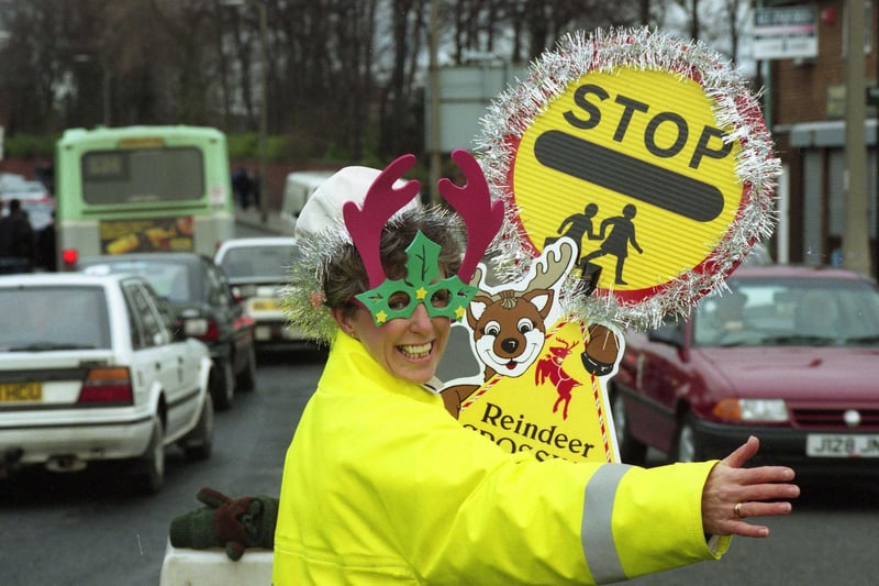 Sunderland lollipop lady Sue Wright had a great i-deer to brighten up the dark mornings.  Sue was the lollipop lady for the Tunstall Road crossing and here she is in 1995.