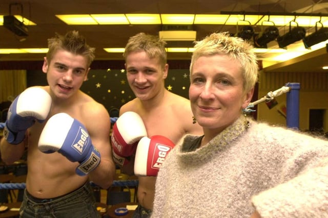 Boxing judge Joanne Smith pictured at  Manor Social Club with boxers, left, Martin Wade(16) and Adam  Ainger(19) of Handsworth ABC in 2002
