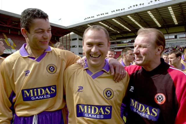 Dane Whitehouse pictured with Brian Gayle and Dave Bassett before his benefit match at Bramall Lane in 2000
