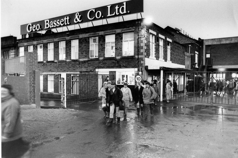 Workers leave the George Bassett & Co Ltd factory in January 1989