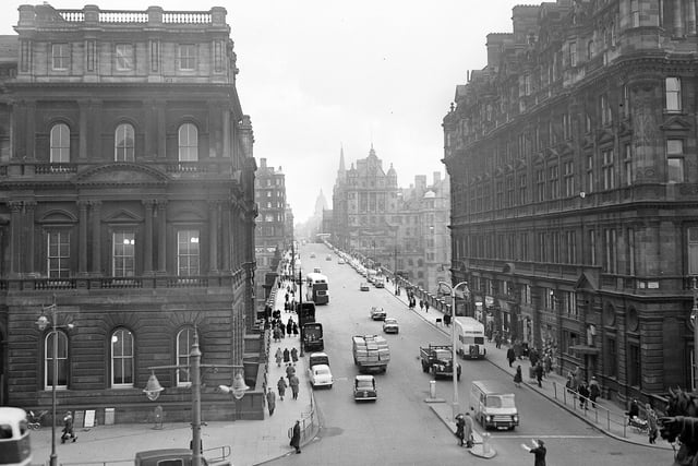 A view of North Bridge taken from Register House in 1958 showing the general Post Office, North British Hotel, and the Scotsman Offices.