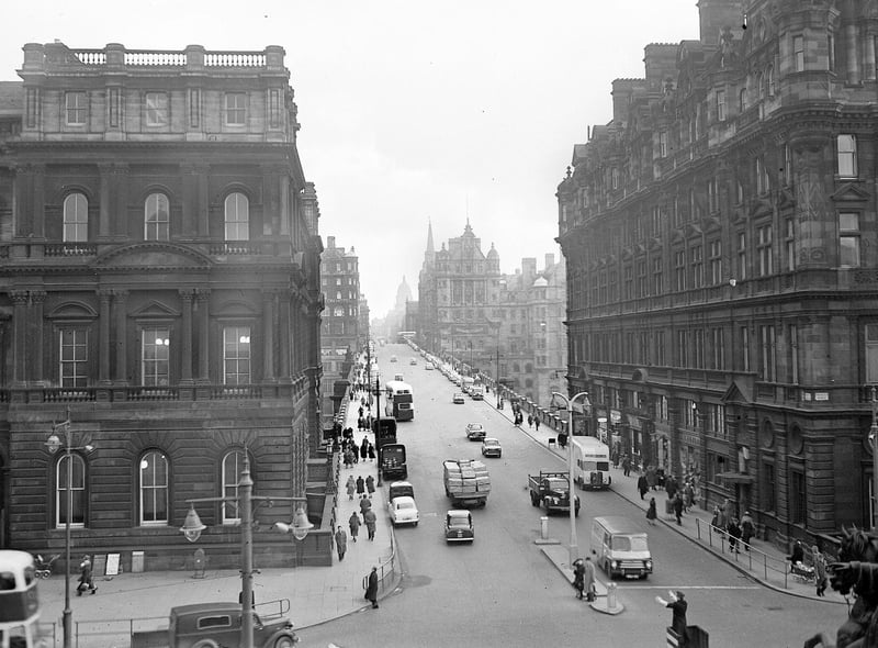 A view of North Bridge taken from Register House in 1958 showing the general Post Office, North British Hotel, and the Scotsman Offices.