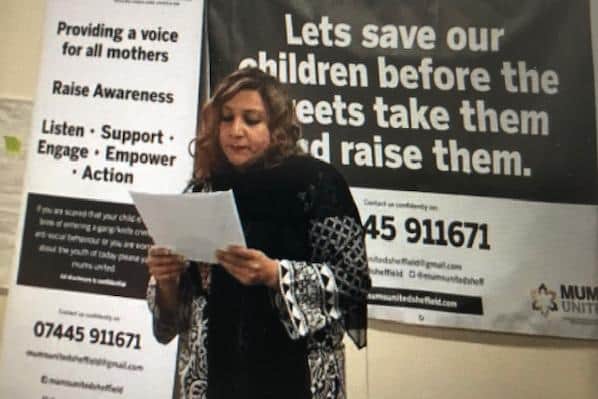 Pictured is trustee chairperson Sahira Irshad, of Sheffield's Mums United, speaking at one of the charity's many events in the fight against youth violence and drugs.
