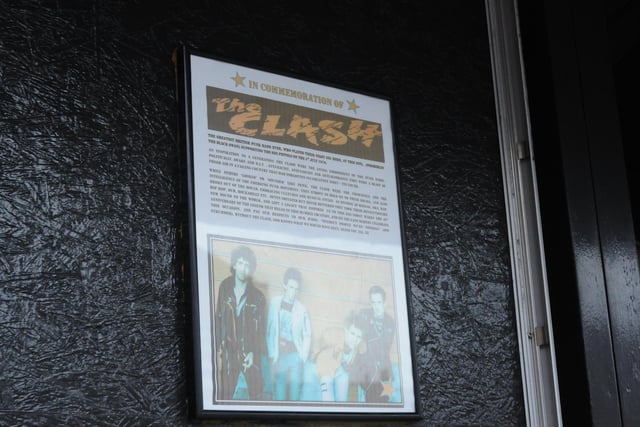 A notice outside the venue recording that the first-ever stage appearance by The Clash took place at the venue in 1976