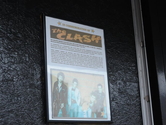 A notice outside the venue recording that the first-ever stage appearance by The Clash took place at the venue in 1976