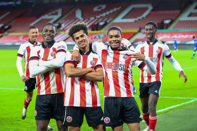 Iliman Ndiaye celebrates a goal for Sheffield United's under-23 team with his colleagues: Simon Bellis/Sportimage