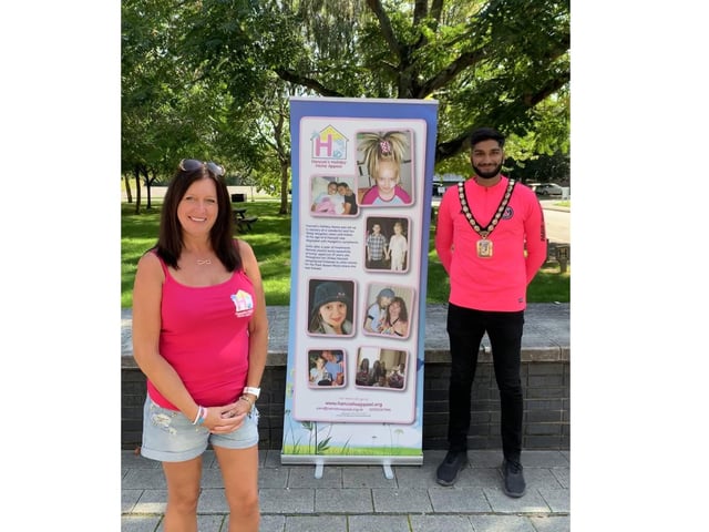 Think Pink week saw pupils across Havant don pink for Hannah's Holiday Home, mayoral charity of Cllr Prad Bains. Pictured: Pam Marshall and Prad Bains