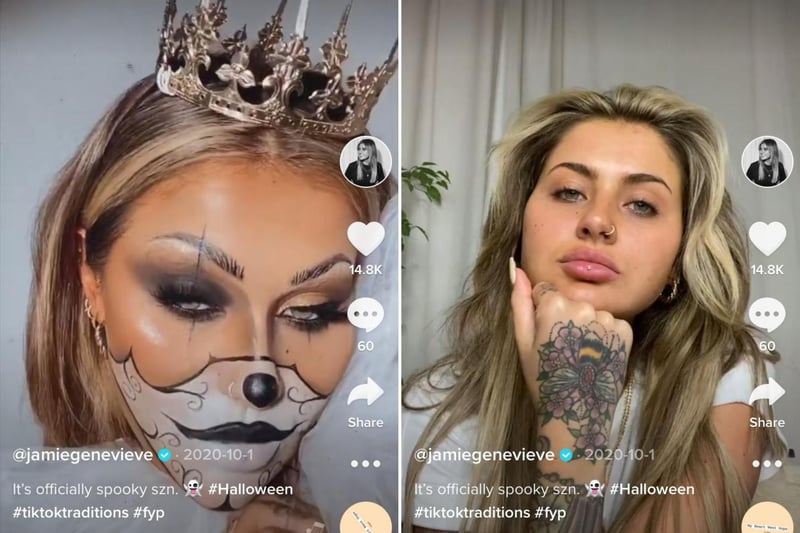 Makeup artist Jamie Genevieve has 195.9k followers and 1.9m likes on her TikTok, where she shares her makeup looks and hair and beauty tips.
