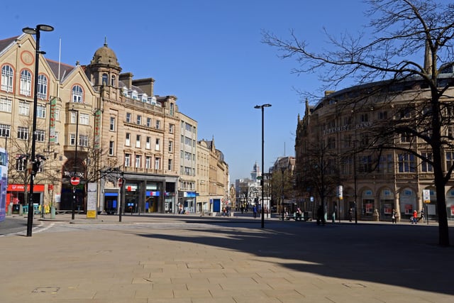 An alternative view of a deserted Fargate from the Sheffield Town Hall as one of Sheffield city centre's busy areas suddenly became a ghost town.