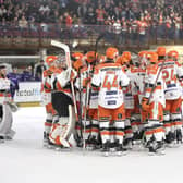 Steelers celebrate their 5-4 win at Manchester Storm. Pictures: Manchester Storm