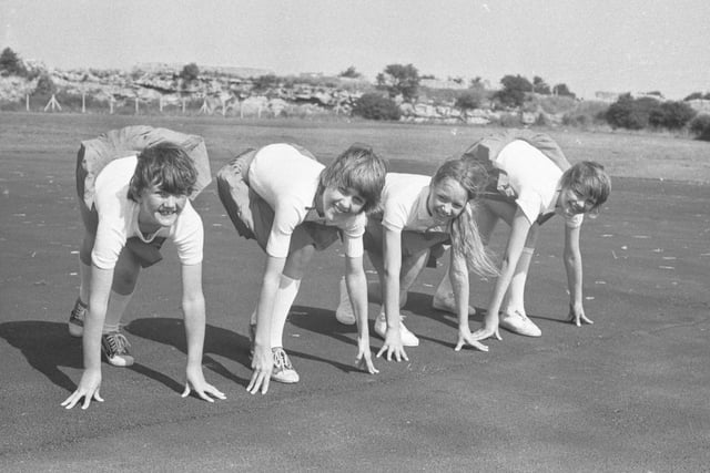 On their marks - at Carley Hill in 1979 - are, left to right: Alison Chipp, 11, Beverley Orr 14, Donna Dennis 11 and Jacqueline Baker 12. Does this bring back happy memories?