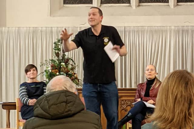 Action for Knowle Top member, Tim Parris, speaking at the meeting about the future of the building. Residents have raised over £52,000 towards a bid to buy it for the community.