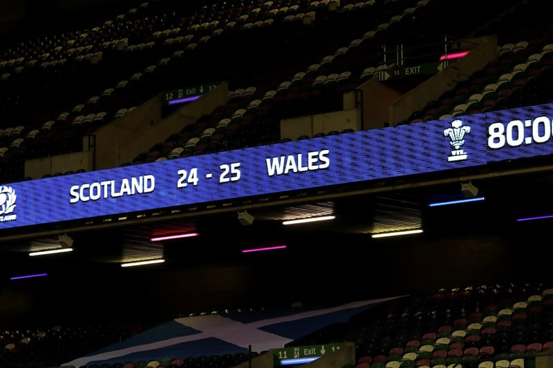The score board shows the final score between Scotland and Wales after the Guinness Six Nations match