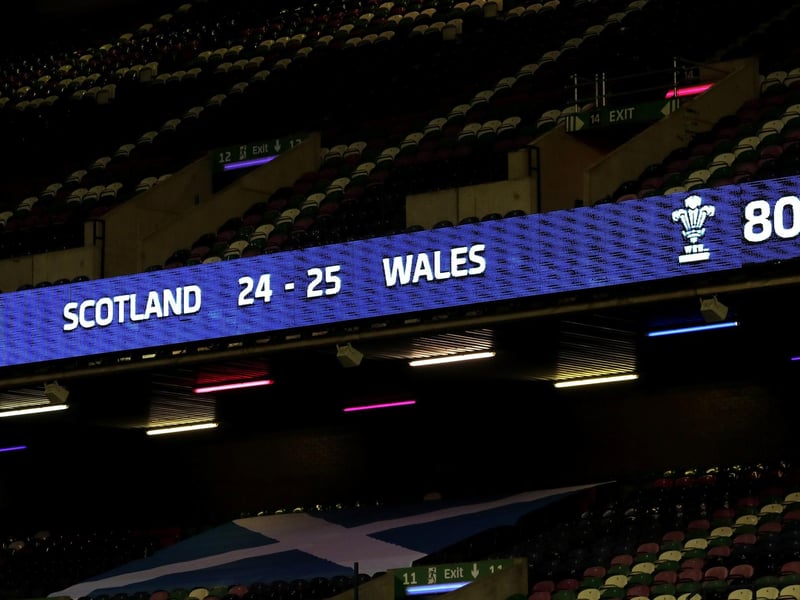 The score board shows the final score between Scotland and Wales after the Guinness Six Nations match