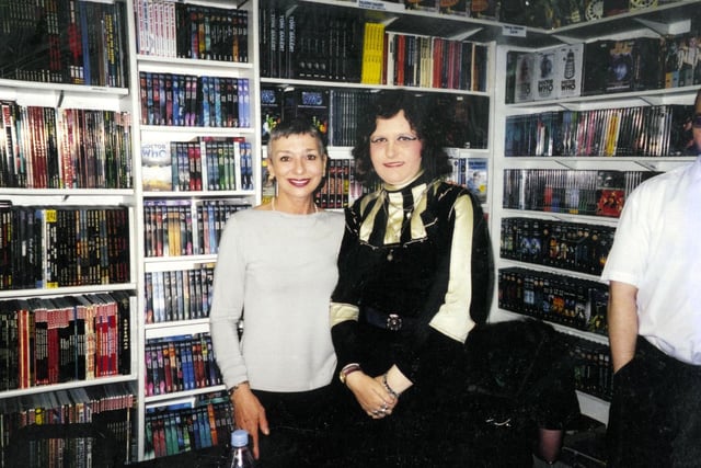 Photo signing inside the Galaxy Four Science Fiction shop, Glossop Road, July 2003. On the left is actor Jacqueline Pearce, who played Servalan in the Blake's 7 television series.
