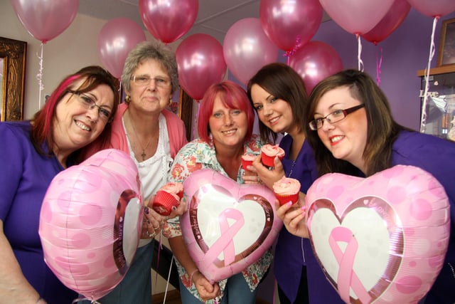 Angelic Hair Beauty and Inner Health charity event at the salon for the Breast Care Unit at Chesterfield Royal Hospital. Anne Brown (Salon Co owner) Sue Head, Sally Brown, Abigail Brown (Salon Co Owner) Daughter, and Michelle Froggatt, Stylist, pictured in 2013
