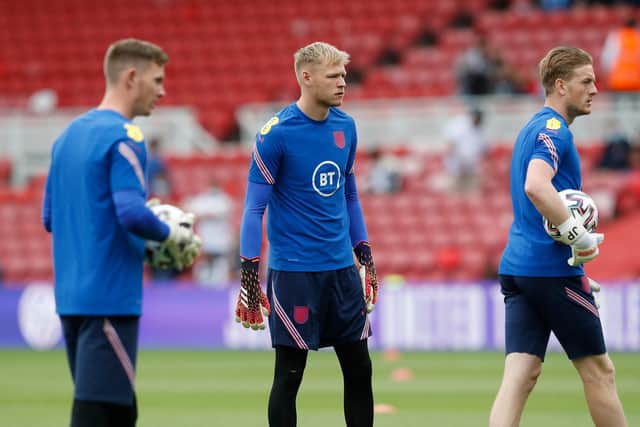 Middlesbrough, England, 6th June 2021. Dean Henderson, Aaron Ramsdale and Jordan Pickford of England warm upduring the International Friendly match at the Riverside Stadium, Middlesbrough. Picture credit should read: Darren Staples / Sportimage