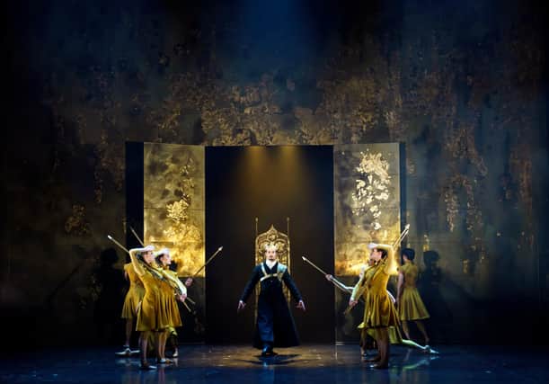 The entry of King Vortigern in the new Northern Ballet musical Merlin. which is at the Lyceum Theatre, Sheffield