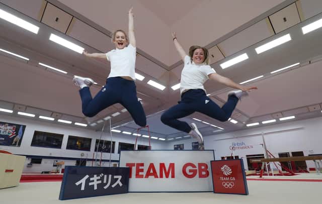 Bryony Page (L) and Laura Gallagher of Great Britain pose for a photo to mark the official announcement of the trampoline team selected to Team GB for the Tokyo 2020 Olympic Games. (Photo by Alex Morton/Getty Images for for British Olympic Association)