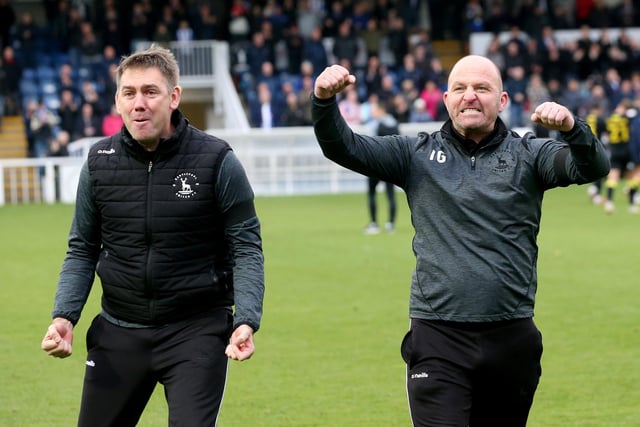 Departing Hartlepool United physio Ian "Buster" Gallagher, right, celebrates with then manager Dave Challinor after their 3-2 win over Harrogate Town in his last game at the club.