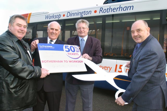 Dinnington Transport Interchange launched the new Rotherham to Worksop bus service in 2005. Pictured is Councillor Mick Jameson (right) cutting the fares on this route with from left David Davies (Chairman Dinnington Parish Council), Jack Mackay MBE (Chairman S.Yorks Rural Transport Group), Councillor Gerald Smith(Rotherham Councillor).